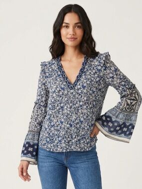 Hale Bob Silk Floral V Neck Bell Sleeve Blouse Size XS